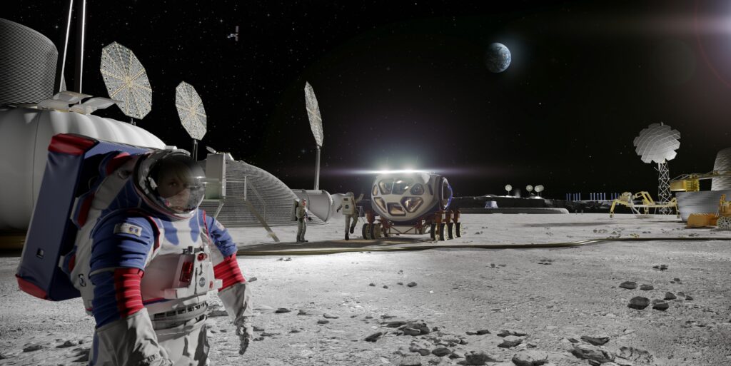 Astronaut viewing the Moon village